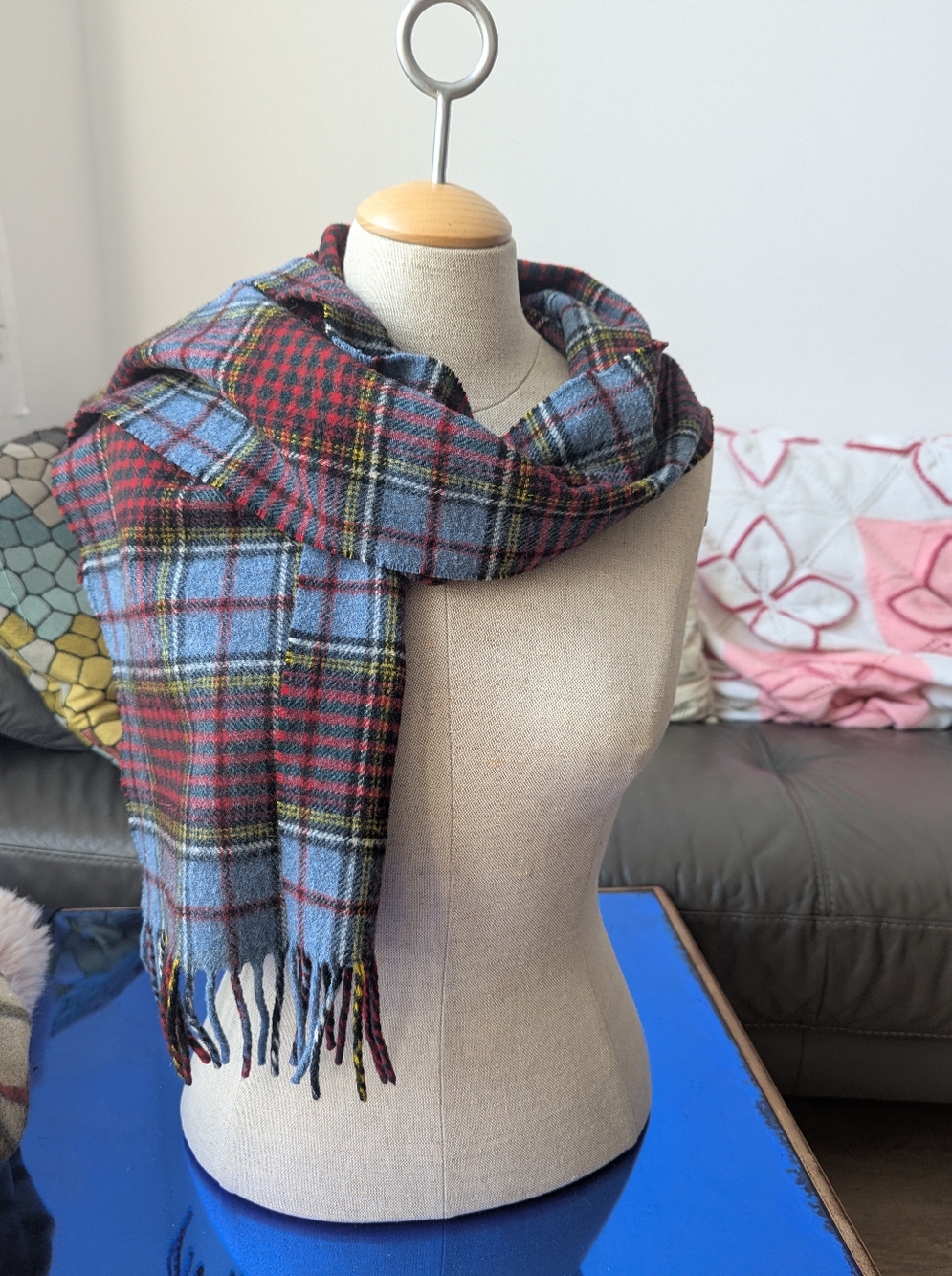 Scotish Wool Lyle And Scott Blue Base Royal Stewart Tartan Scarf